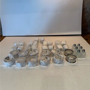 NEW Set of Glass Salt & Pepper Shakers (24) and Silver Napkin Rings (12)